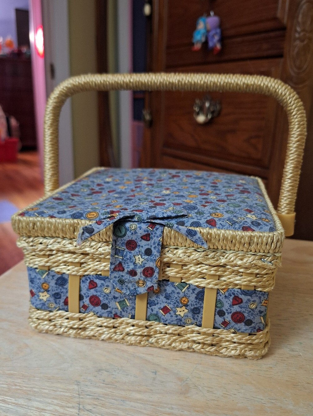 Vintage Wicker Sewing Basket with Button Motif Fabric Lid